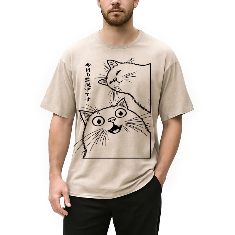 Modecanvas Two Cats Are Watching DTG Printing Washed T-Shirt