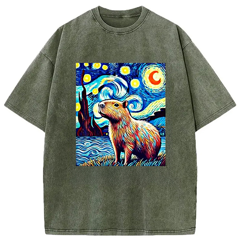 Modecanvas Capybara Starry Night Light Washed T-Shirt