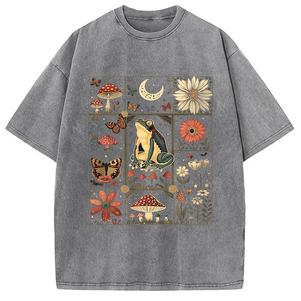 Modecanvas Celestial Frog Goblincore Mushroom Washed T-Shirt-modecanvas