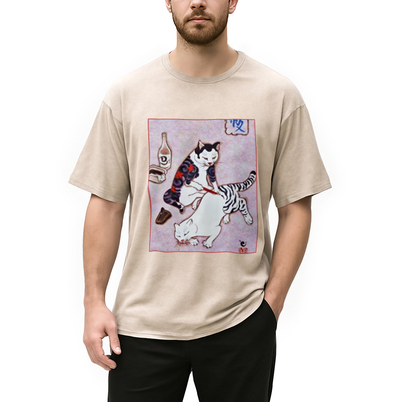 Modecanvas Japanese Tattoo Cat Washed T-Shirt