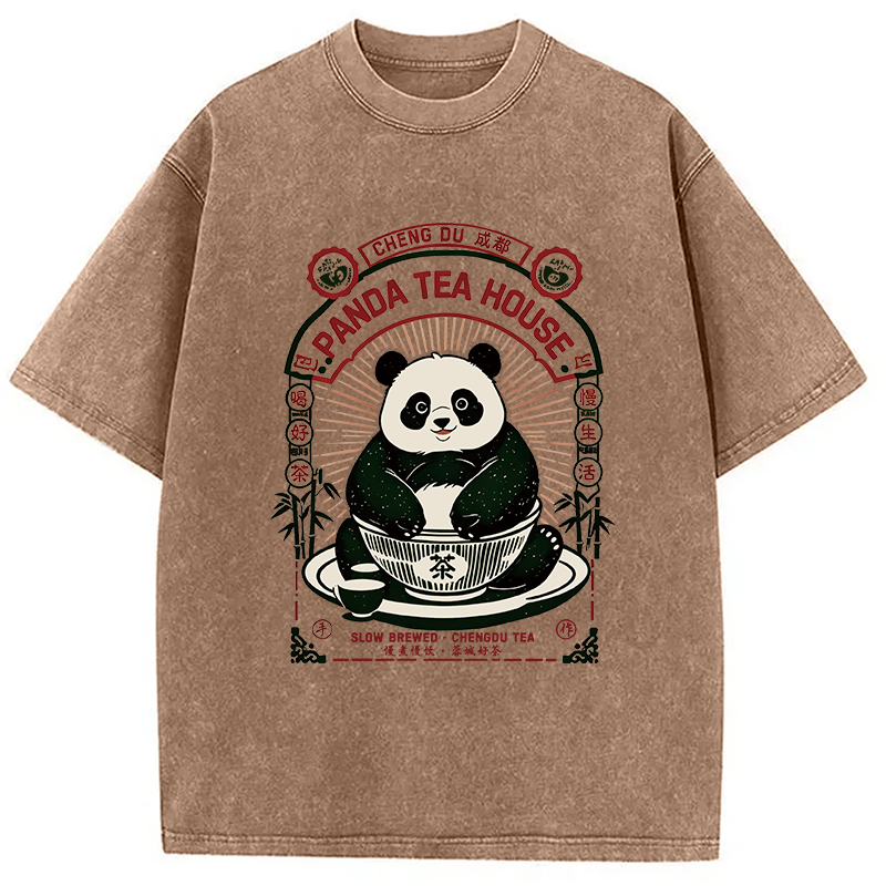 Modecanvas Panda Tea House DTG Printing Washed T-Shirt