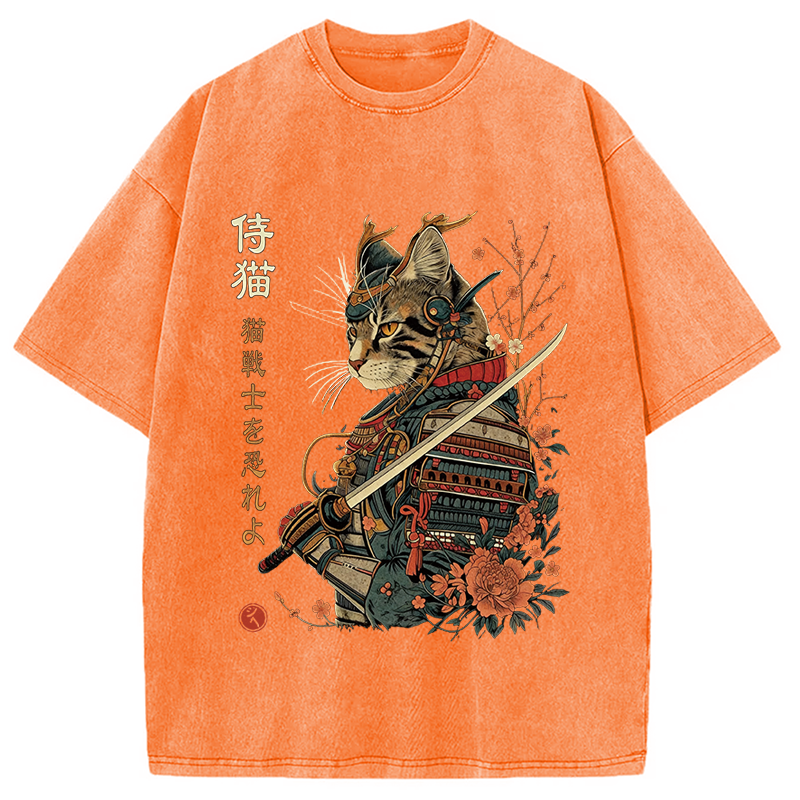 Modecanvas Japanese Samurai Cat DTG Printing Washed T-Shirt-modecanvas