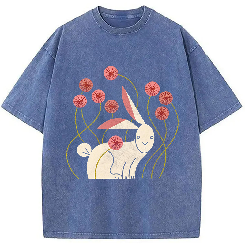 Modecanvas Rabbit and Wildflowers DTG Printing Washed T-Shirt