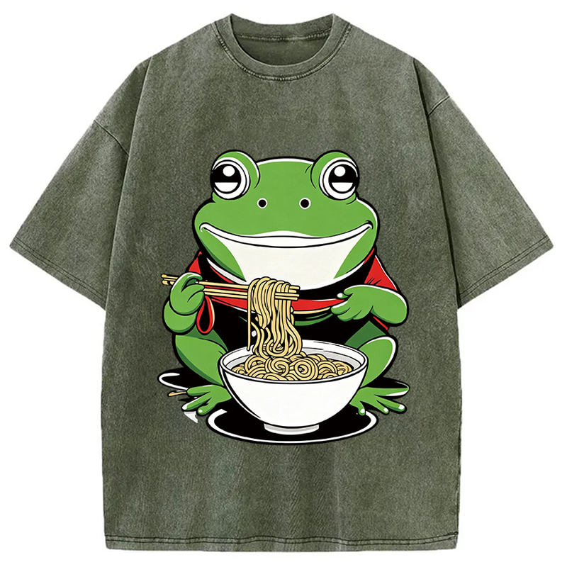 Modecanvas Cute Frog Eating Ramen DTG Printing Washed T-Shirt
