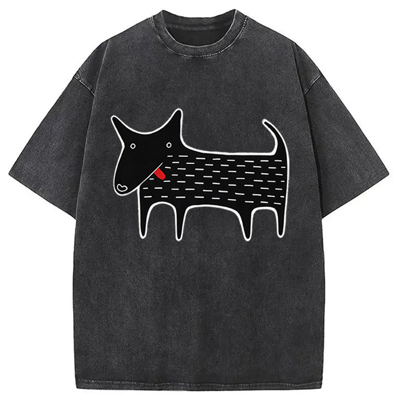 Modecanvas Black Dog Kawaii Folk Art DTG Printing Washed T-Shirt