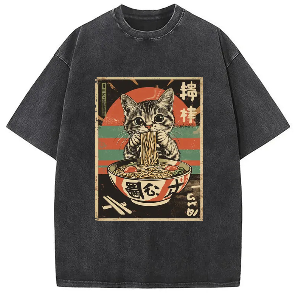Modecanvas Kawaii Cat Lover Ramen Washed T-Shirt