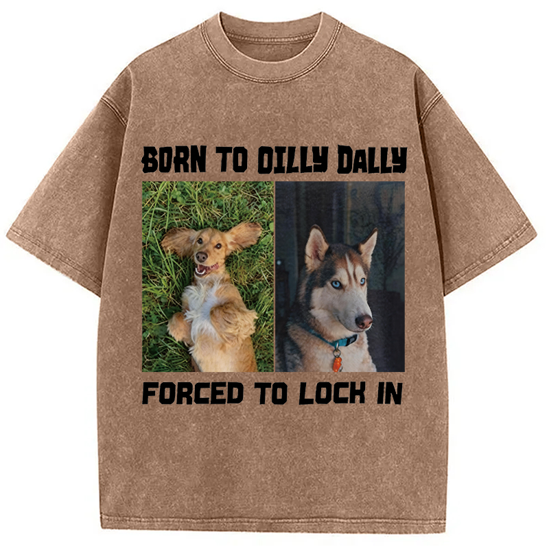 Modecanvas Born to Dilly Dally Forced to Lock In Funny Dog Meme DTG Printing Washed T-Shirt