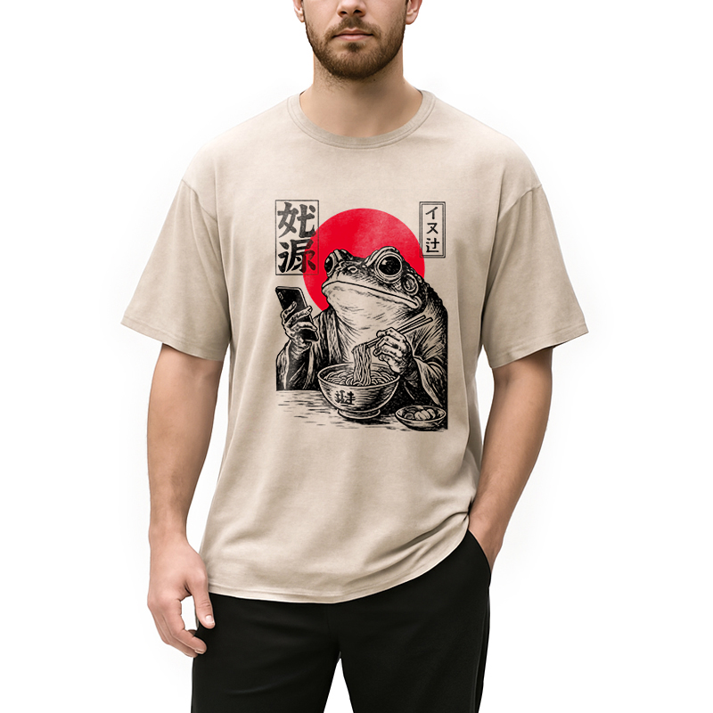 Modecanvas Funny Grumpy Frog Eat Ramen and Scroll Phone DTG Printing Washed T-Shirt