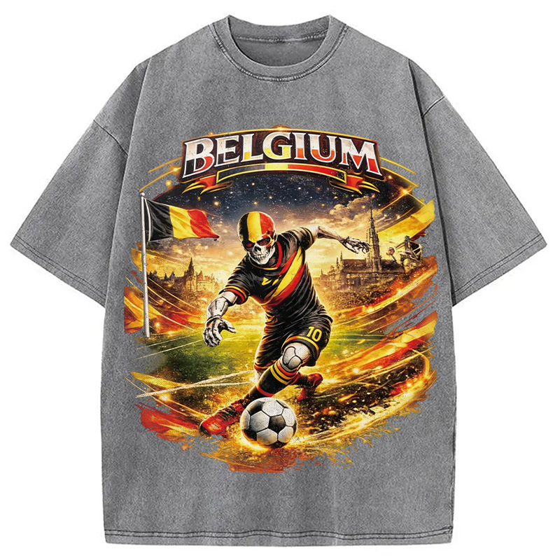 Modecanvas Belgium Soccer Skull DTG Printing Washed T-Shirt