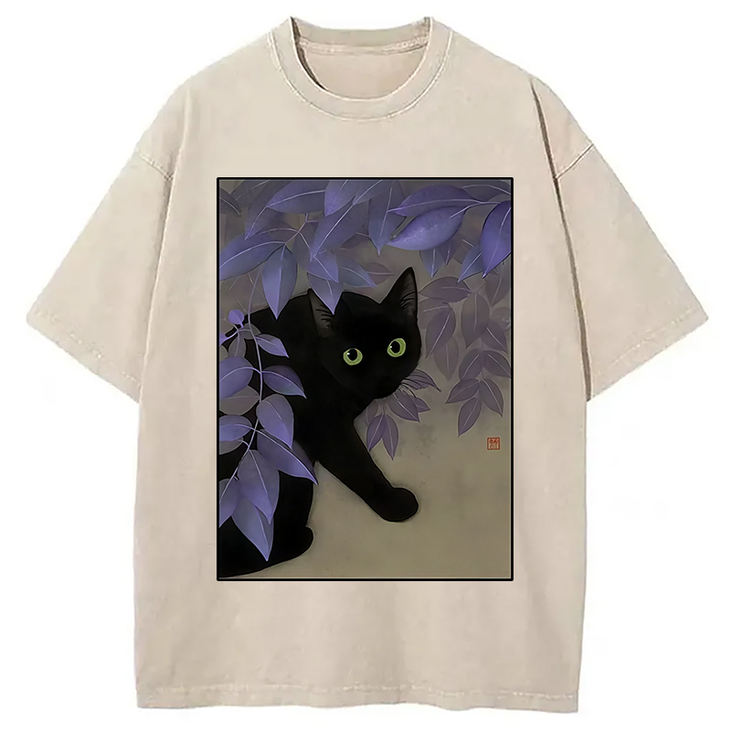 Modecanvas Cat Under The Flowers Washed T-Shirt