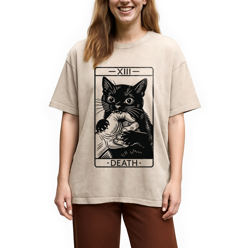 Modecanvas Black Cat Tarot Card DTG Printing Washed T-Shirt