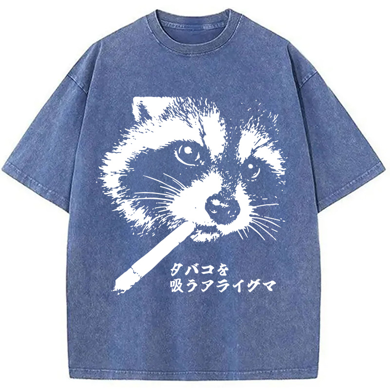 Modecanvas Somking Raccoon DTG Printing Washed T-Shirt-modecanvas