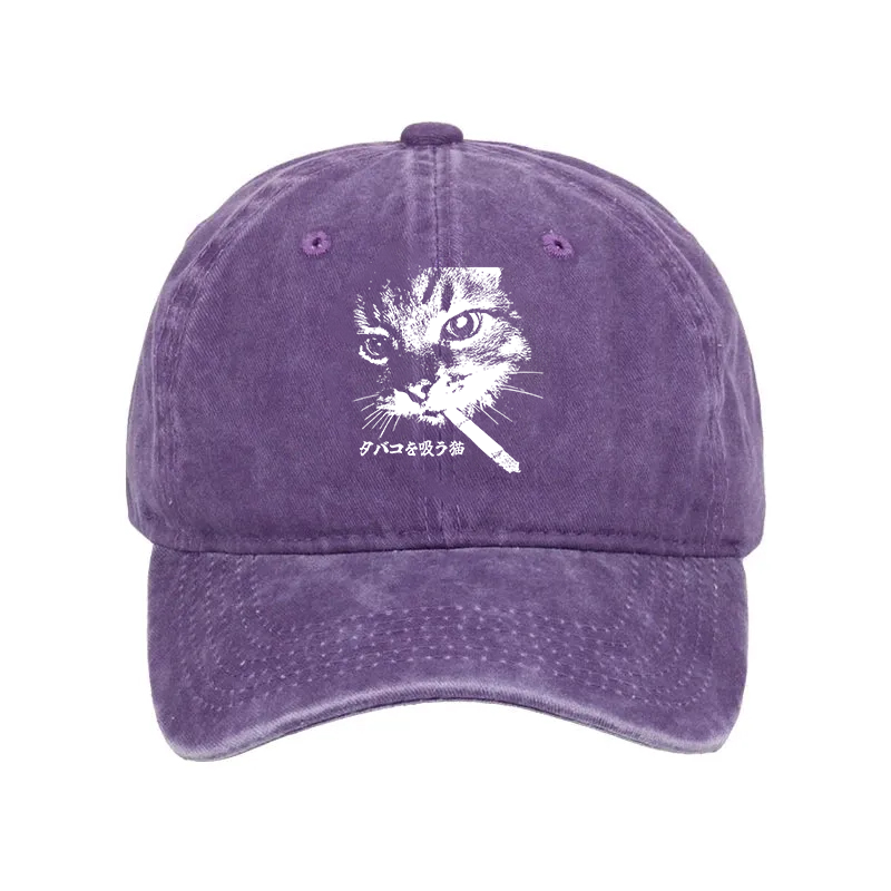 Modecanvas Retro Cat Smoking Washed Cap-modecanvas