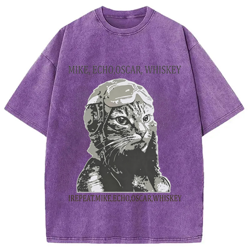 Modecanvas Funny Pilot Cat Meme DTG Printing Washed T-Shirt