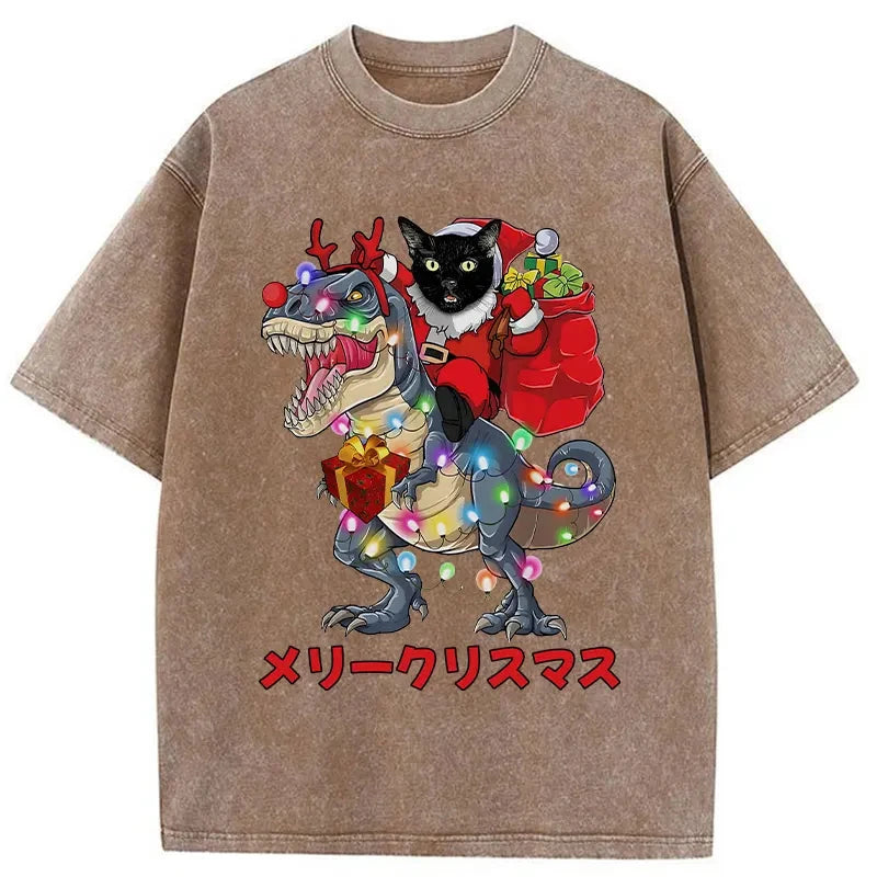 Modecanvas Cat Riding Dinosaur Christmas Washed T-Shirt