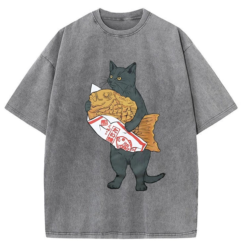 Modecanvas Cat Holding Taiyaki Washed T-Shirt