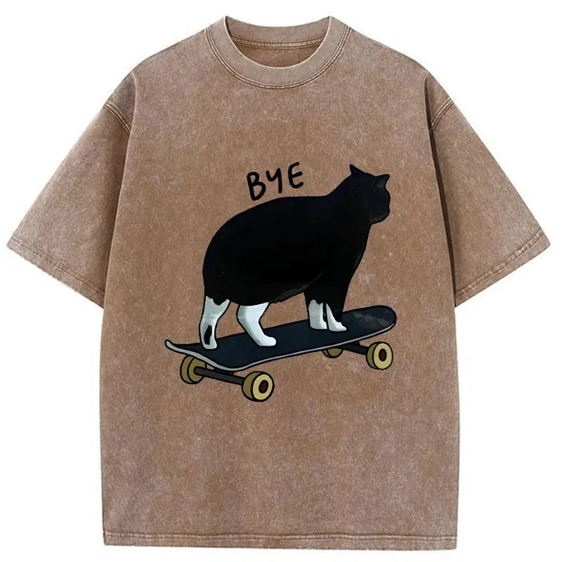 Modecanvas Cat On Skateboard Washed T-Shirt-modecanvas