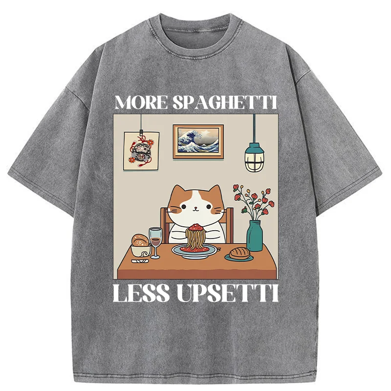 Modecanvas Cat Eats Spaghetti Washed T-Shirt
