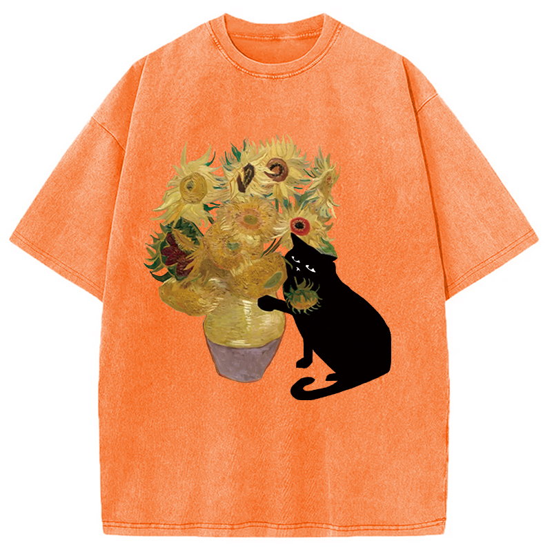 Modecanvas Cat Stealing Flowers Washed T-Shirt