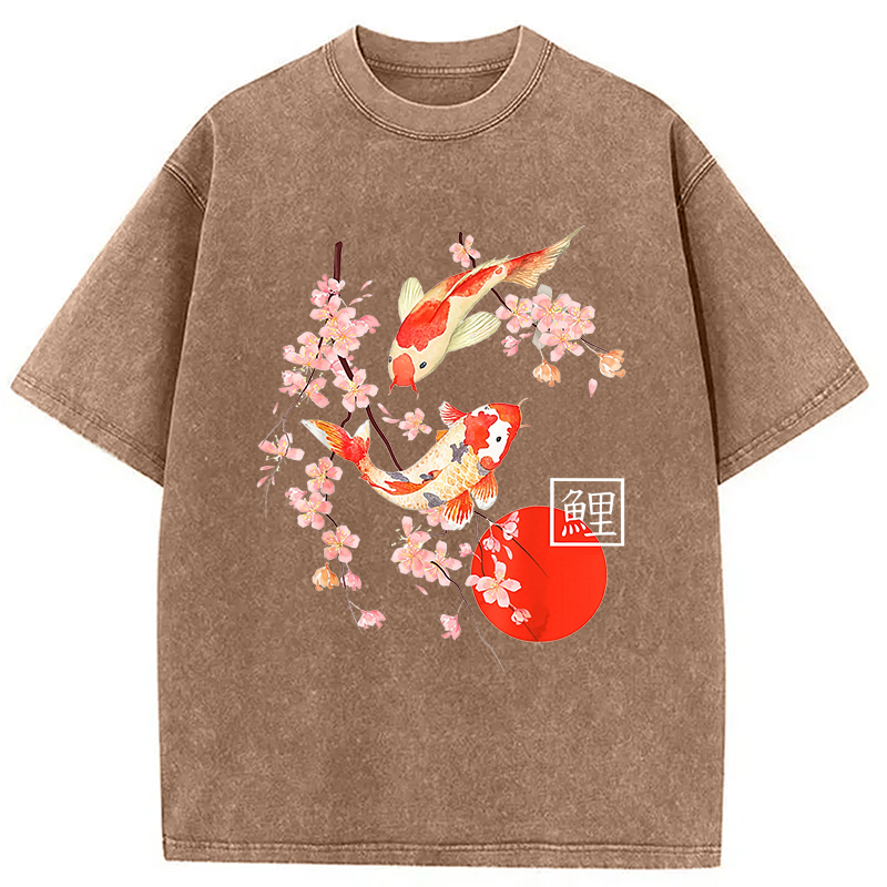 Modecanvas Cherry Blossom Koi Carp Fish Japanese Sakura Washed T-Shirt