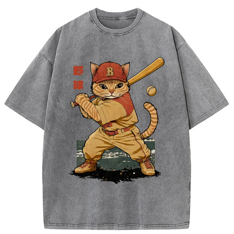 Modecanvas Baseball Cat Player Washed T-Shirt