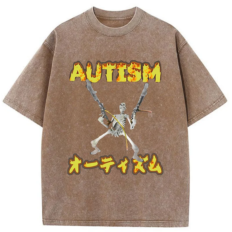 Modecanvas Autism Funny Skeleton DTG Printing Washed T-Shirt-modecanvas