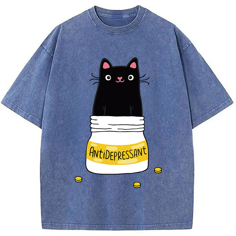 Modecanvas Cute Cat Antidepressant Funny Meme Washed T-Shirt