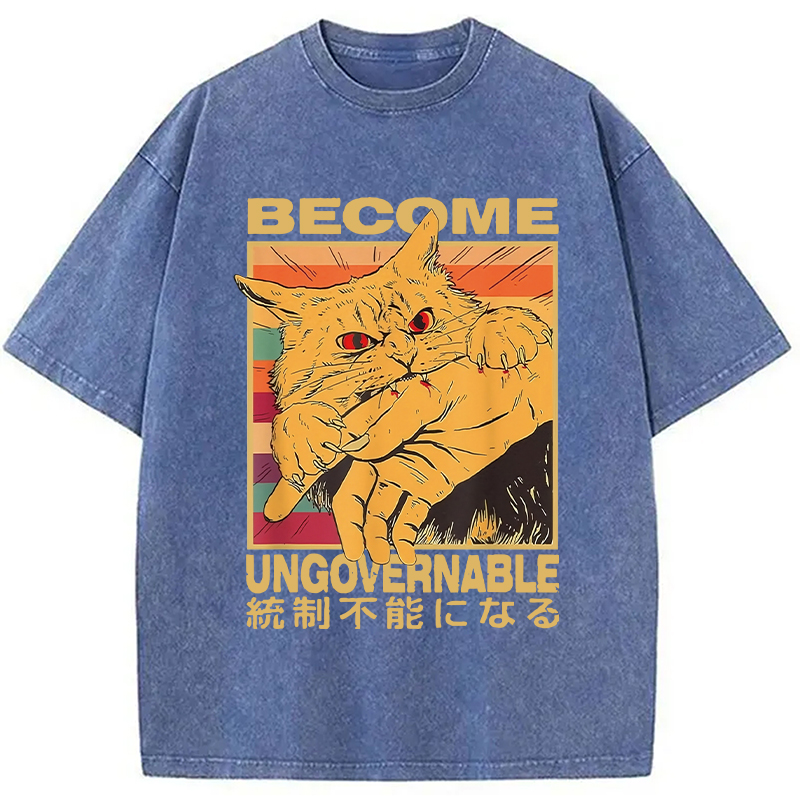 Modecanvas Become Ungovernable Funny Japanese Cat Bite Washed T-Shirt