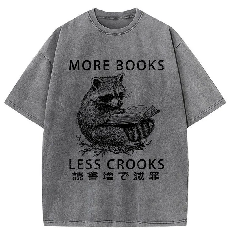 Modecanvas Raccoon Reading Books Less Crooks Washed T-Shirt