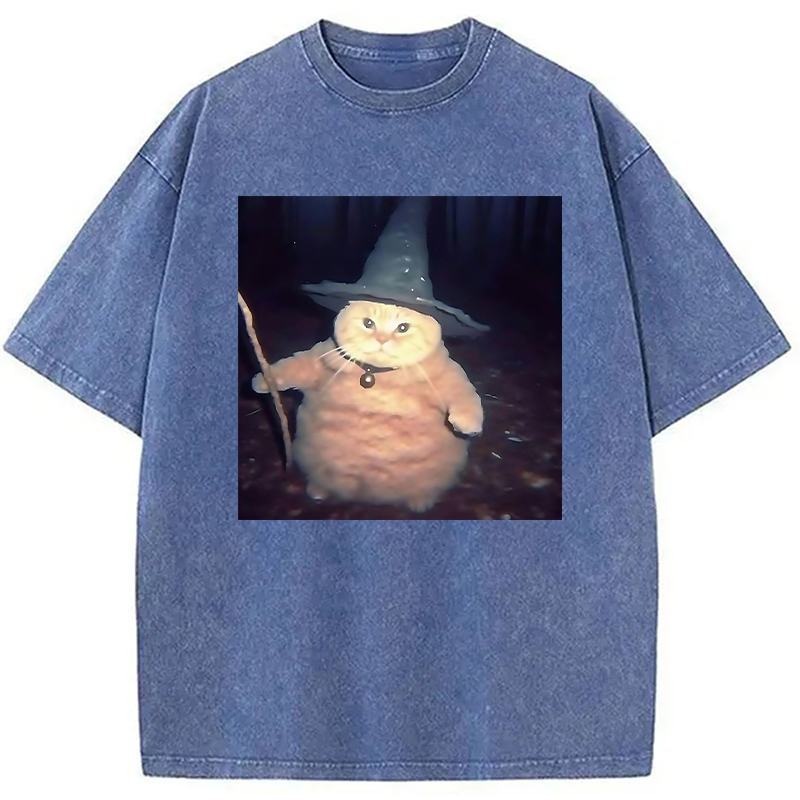 Modecanvas Wizard Cat Funny Halloween Washed T-Shirt-modecanvas