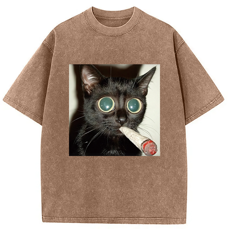 Modecanvas Little Kitten Funny Smoking DTG Printing Washed T-Shirt-modecanvas