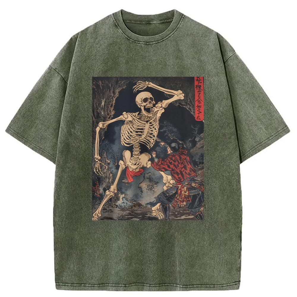 Modecanvas Japanese Horror Skeleton DTG Printing Washed T-Shirt-modecanvas