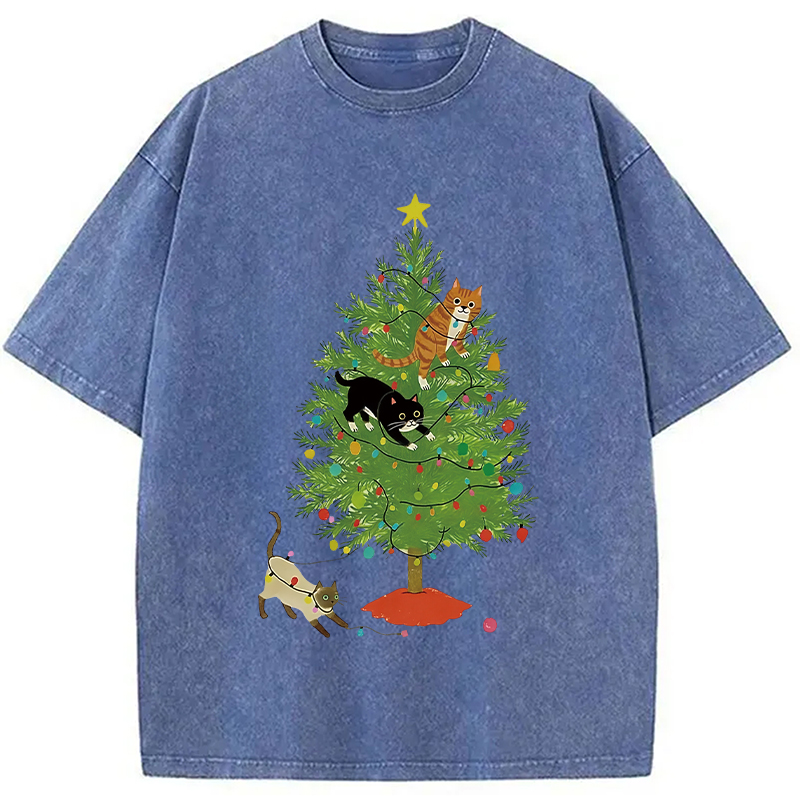 Modecanvas Cats Playing On The Christmas Tree Washed T-Shirt