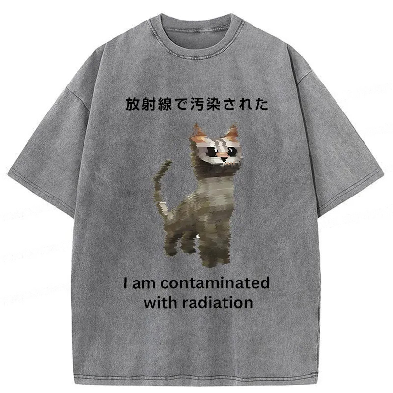 Modecanvas Irradiated Cat Funny Washed T-Shirt