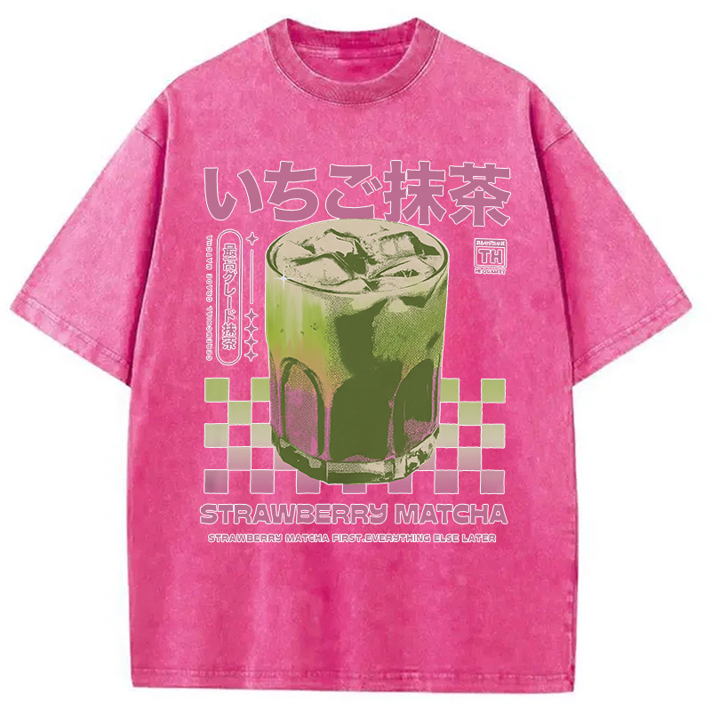 Modecanvas Strawberry Matcha Drink Washed T-Shirt