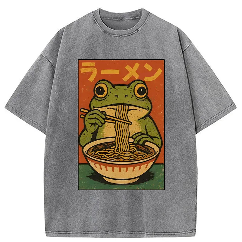 Modecanvas Frog Eating Ramen Retro Washed T-Shirt