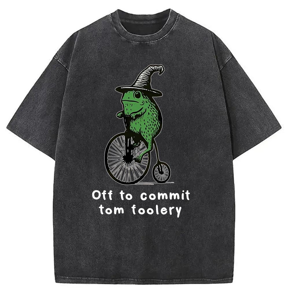 Modecanvas Frog Riding Penny-farthing Washed T-Shirt-modecanvas