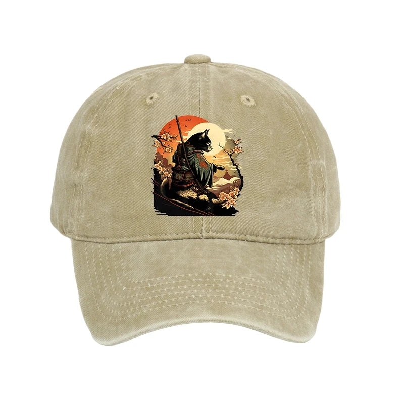 Modecanvas Cat Ninja Ukiyo-e Anime Style Samurai Washed Cap-modecanvas