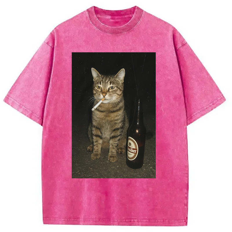 Modecanvas Vintage Cigarette Kitty Meme Washed T-Shirt-modecanvas