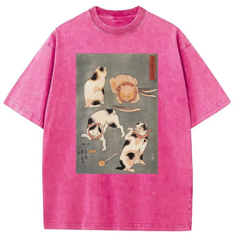 Modecanvas Japanese Four Cats Ukiyo-e Washed T-Shirt