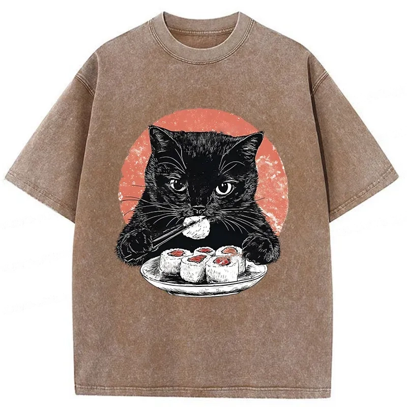 Modecanvas Cat Eating Delicious Sushi Washed T-Shirt