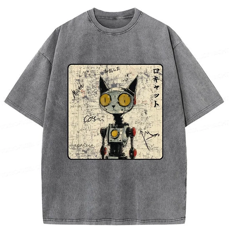 Modecanvas Robot Cat Washed T-Shirt