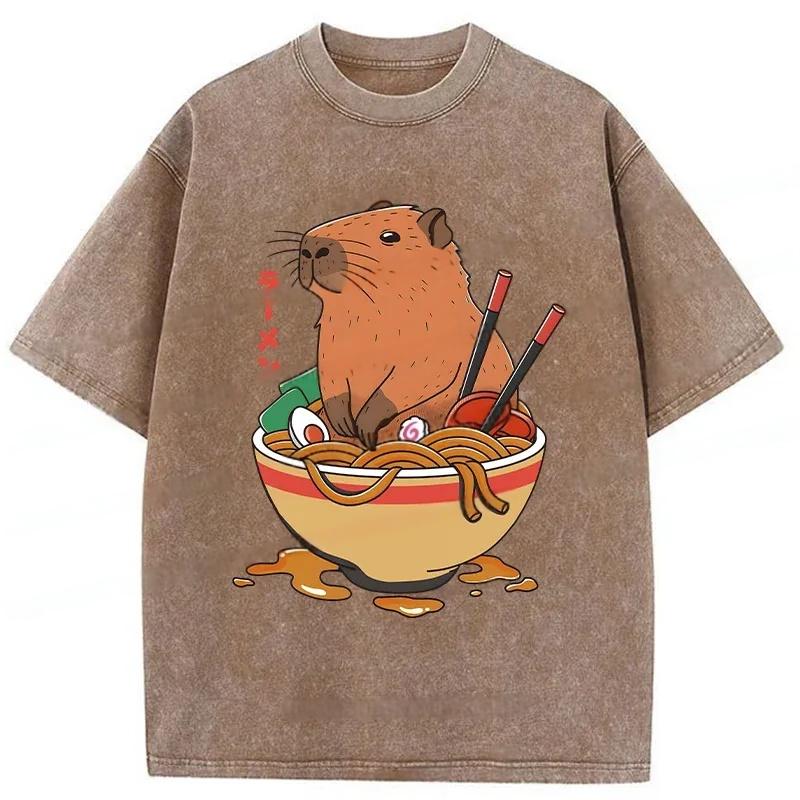 Modecanvas Capybara Ramen Funny Washed T-Shirt-modecanvas