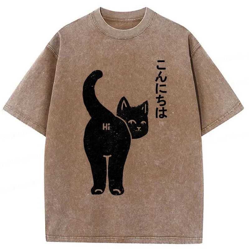 Modecanvas Cat Saying Hi Washed T-Shirt