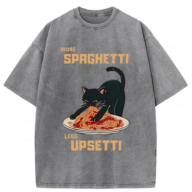 Modecanvas Cat Eating Spaghetti Funny Washed T-Shirt-modecanvas