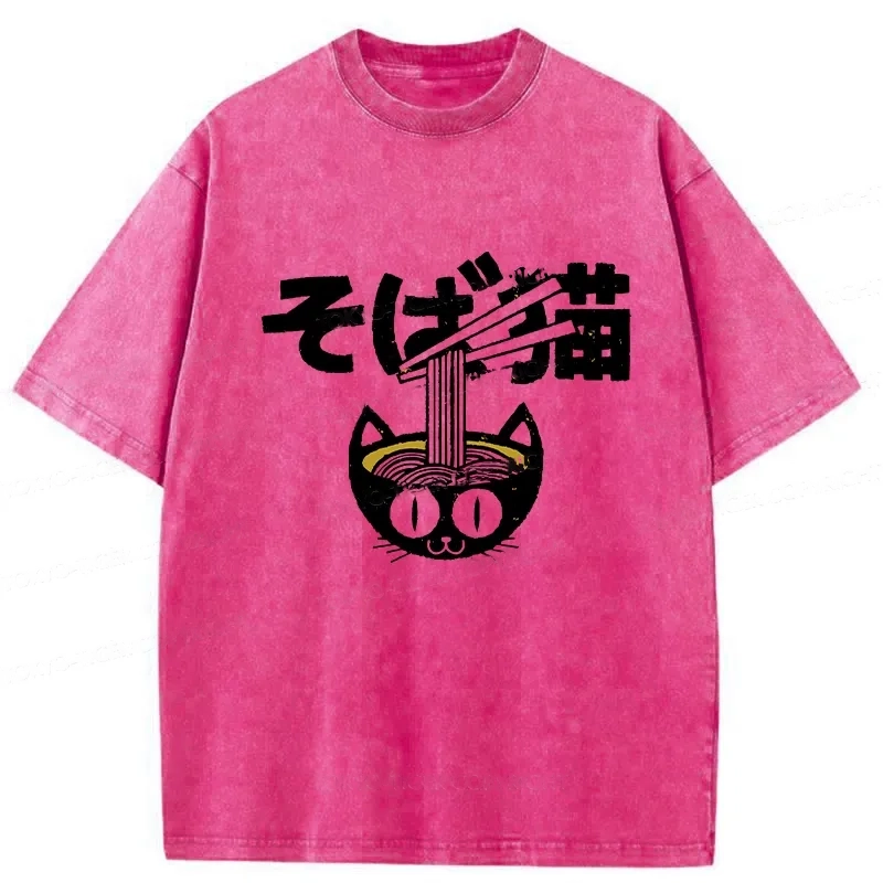 Modecanvas Cat Ramen Bowl Washed T-Shirt