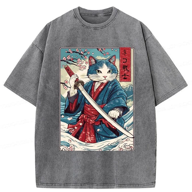 Modecanvas Japanese Cat Samurai Washed T-Shirt