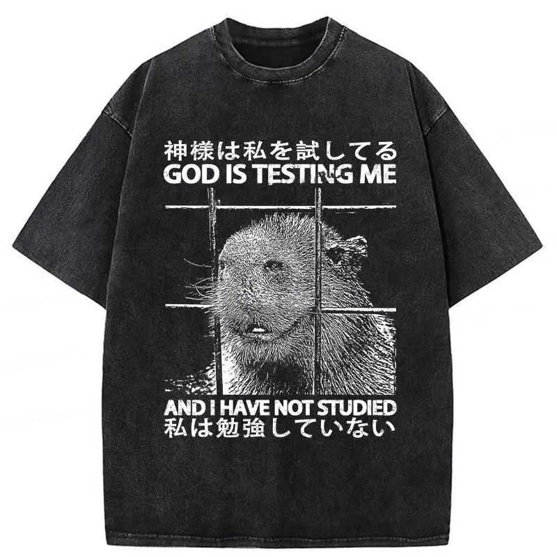 Modecanvas God Is Testing Me Washed T-Shirt-modecanvas