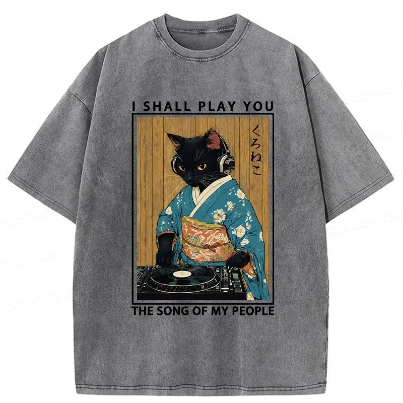 Modecanvas Funny Playing Music Black Cat Washed T-Shirt-modecanvas
