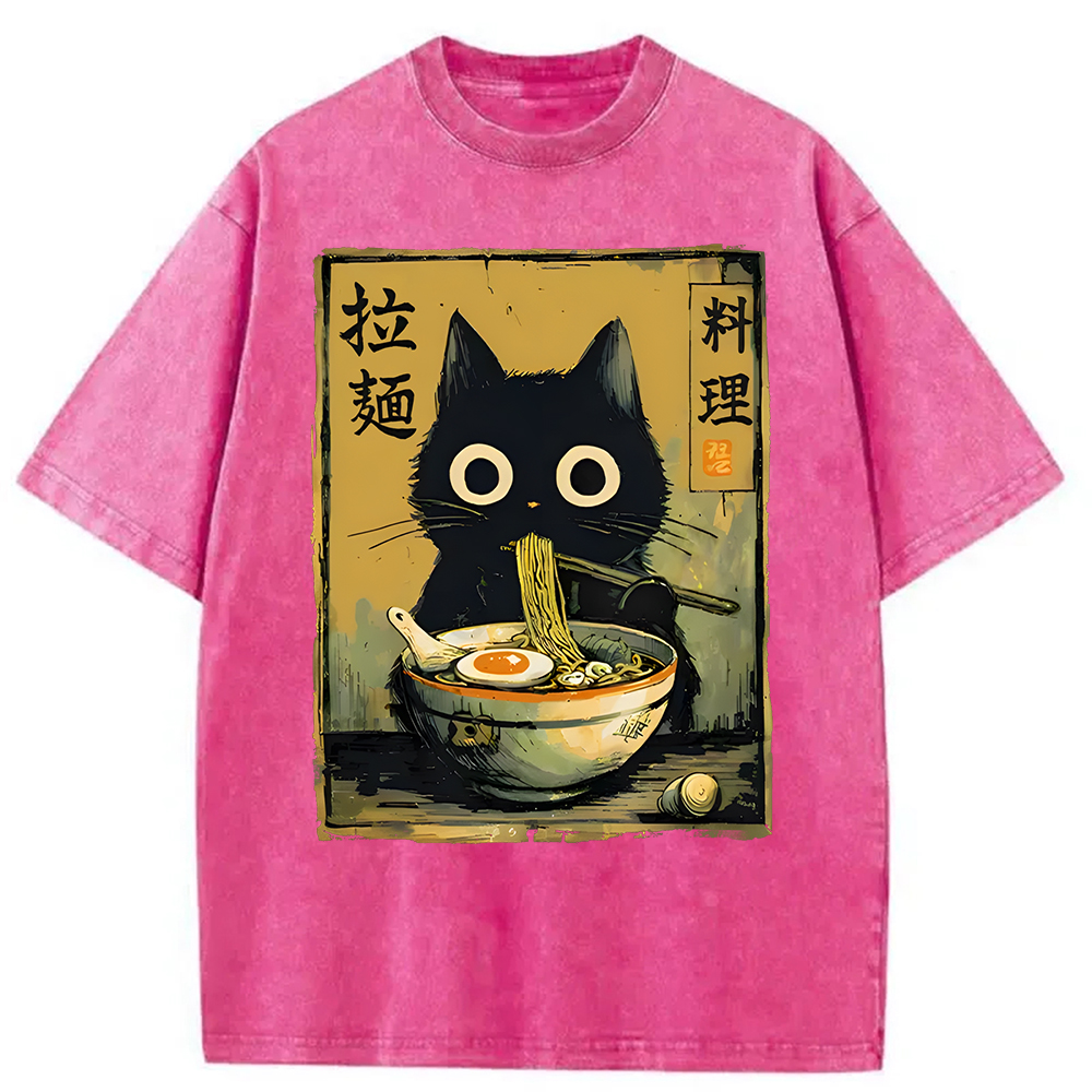 Modecanvas Cute Black Cat Eating Ramen Washed T-Shirt-modecanvas